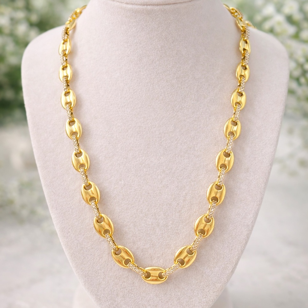 Mariners Link Gold Necklace with Pavé Links | 18” + 2” Extender | 14k Gold Plate